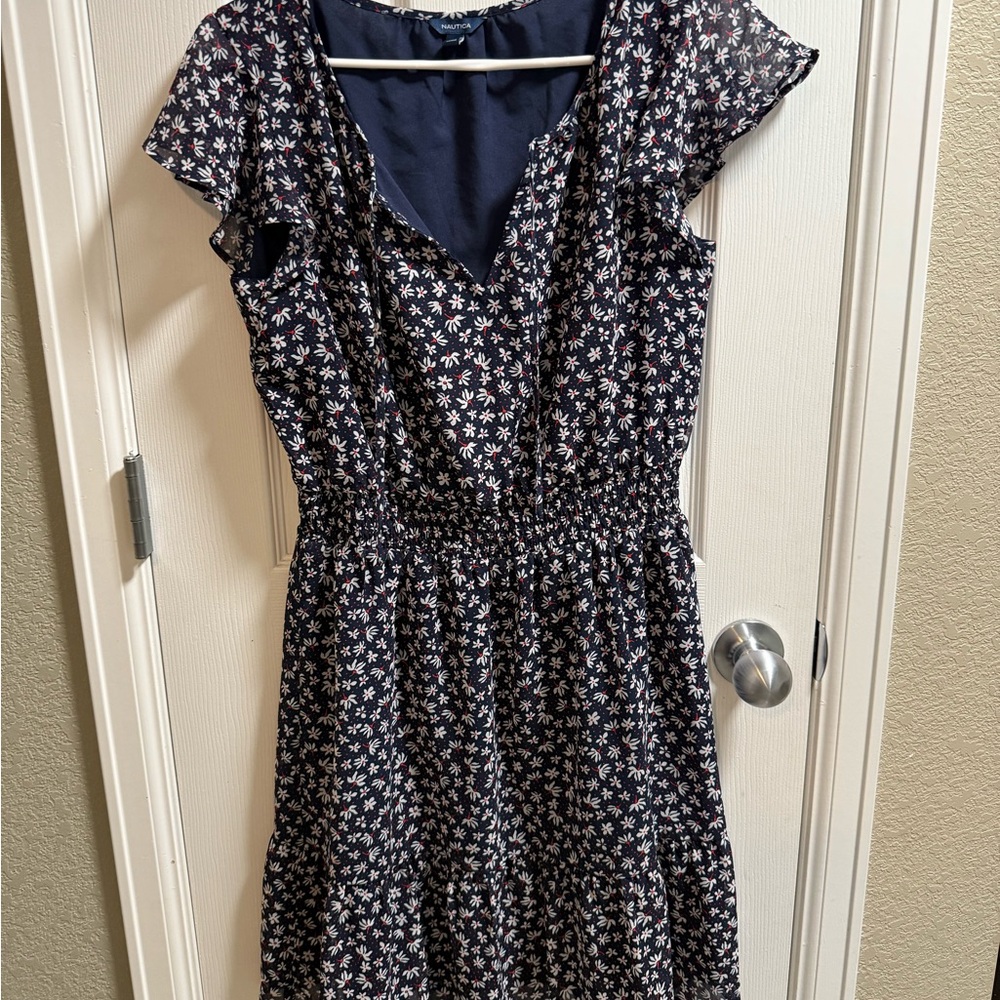 Nautica Blue and White Flutter Sleeve Midi Sundress